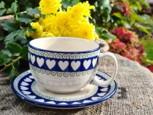 Maxi Tasse mit Unterteller, 375 ml, White Valentine, BSN R-161^Bunzlauer Keramik Hot