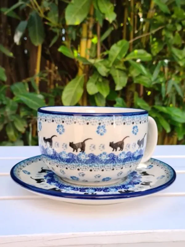 Maxi Tasse mit Unterteller, 375 ml, Katze weiß^Bunzlauer Keramik Sale