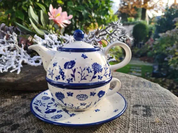 Teekanne für eine Person 600 ml mit Tasse Untertasse, Flower Festival^Bunzlauer Keramik Outlet