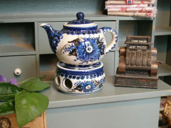Teekanne mit Stövchen, Miniatur, Unikat 2 - BSN 1738^Bunzlauer Keramik New